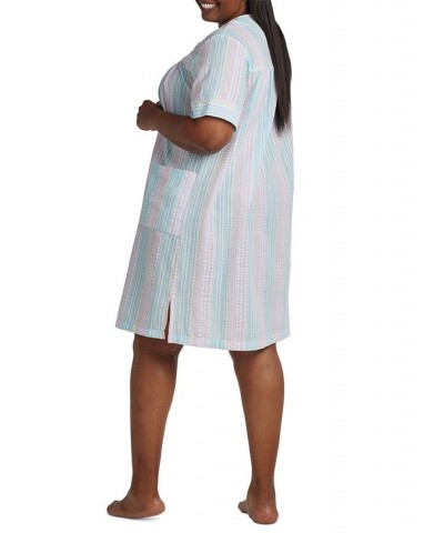 Short-Sleeve Snap-Front Seersucker Robe Blue Plaid $20.09 Sleepwear