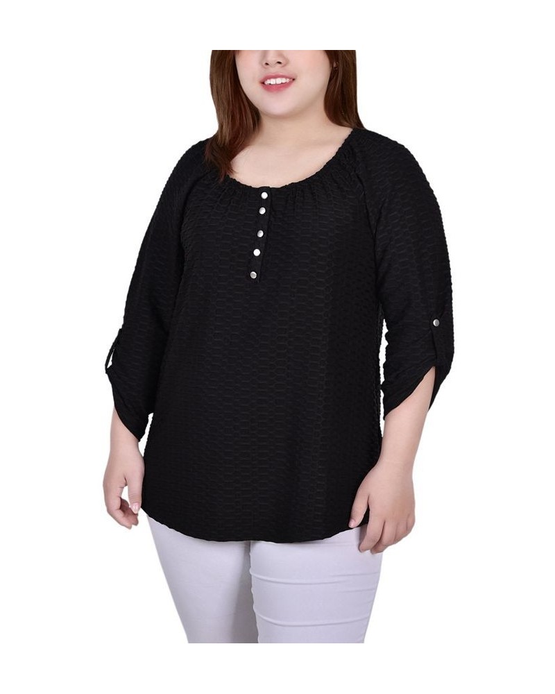 Plus Size 3/4 Sleeve Honeycomb Henley Top Black $11.32 Tops