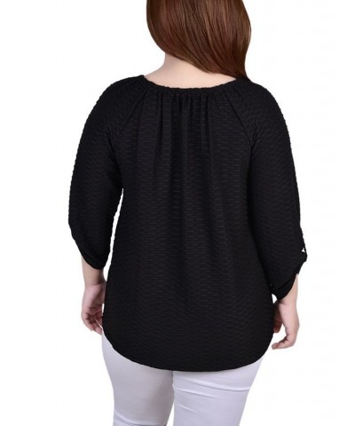 Plus Size 3/4 Sleeve Honeycomb Henley Top Black $11.32 Tops