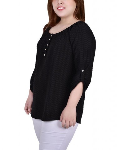 Plus Size 3/4 Sleeve Honeycomb Henley Top Black $11.32 Tops