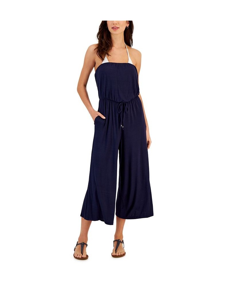 Women's Kira Sleeveless Straight-Neck Jumpsuit Cover-Up Blue $31.36 Swimsuits