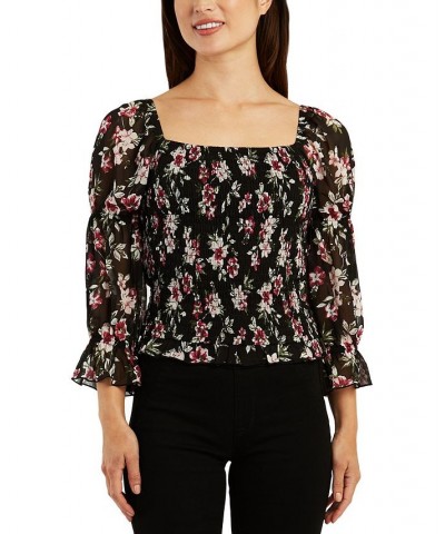 Juniors' Floral Smocked Square-Neck Puff-Sleeve Top Pat G $19.24 Tops
