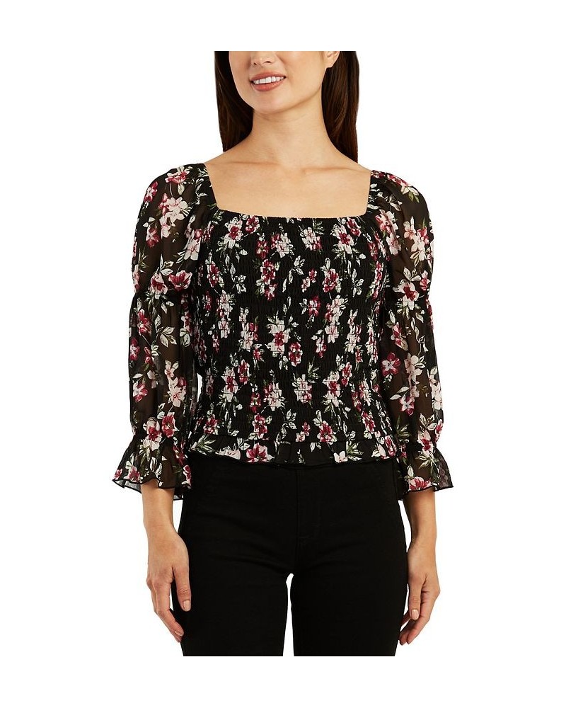 Juniors' Floral Smocked Square-Neck Puff-Sleeve Top Pat G $19.24 Tops