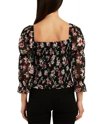 Juniors' Floral Smocked Square-Neck Puff-Sleeve Top Pat G $19.24 Tops