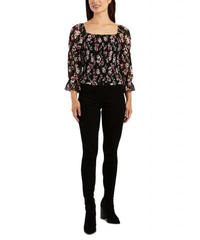 Juniors' Floral Smocked Square-Neck Puff-Sleeve Top Pat G $19.24 Tops