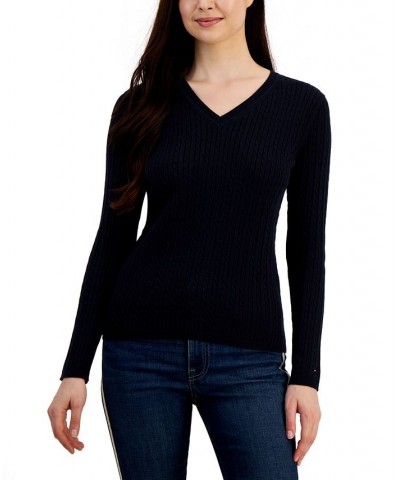 Women's Cable Ivy V-Neck Sweater Blue $34.19 Sweaters