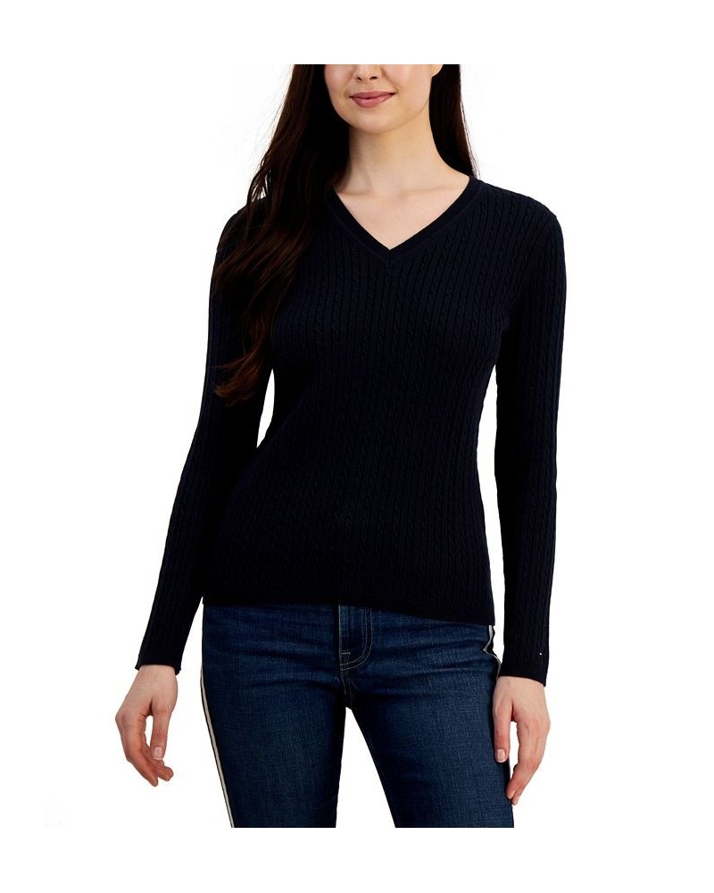 Women's Cable Ivy V-Neck Sweater Blue $34.19 Sweaters