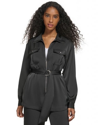 Women's Belted Zip-Front Long-Sleeve Jacket Black $31.79 Jackets