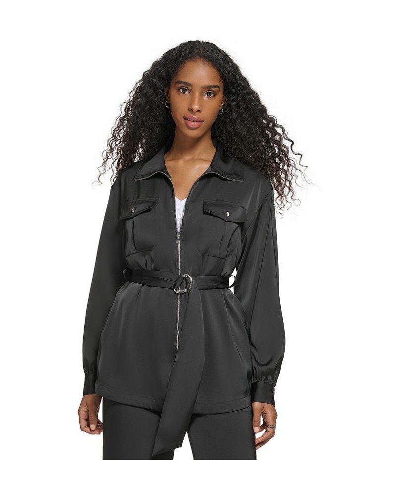 Women's Belted Zip-Front Long-Sleeve Jacket Black $31.79 Jackets