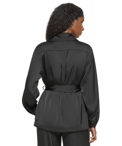 Women's Belted Zip-Front Long-Sleeve Jacket Black $31.79 Jackets