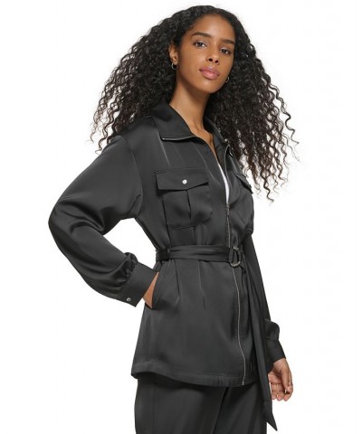 Women's Belted Zip-Front Long-Sleeve Jacket Black $31.79 Jackets