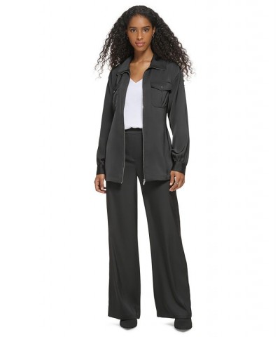 Women's Belted Zip-Front Long-Sleeve Jacket Black $31.79 Jackets