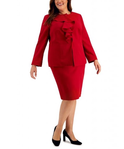 Plus Size Ruffled Stretch Crepe Skirt Suit Red $49.88 Suits