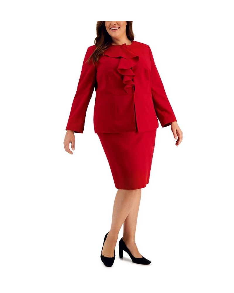 Plus Size Ruffled Stretch Crepe Skirt Suit Red $49.88 Suits