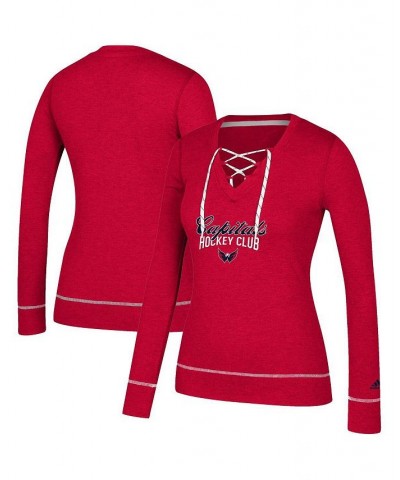 Women's Heathered Red Washington Capitals Skate Through Long Sleeve Lace-Up V-Neck T-shirt Red $27.60 Tops