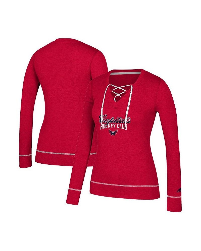 Women's Heathered Red Washington Capitals Skate Through Long Sleeve Lace-Up V-Neck T-shirt Red $27.60 Tops