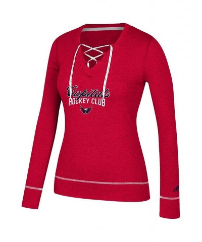 Women's Heathered Red Washington Capitals Skate Through Long Sleeve Lace-Up V-Neck T-shirt Red $27.60 Tops