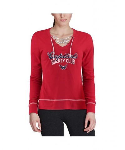 Women's Heathered Red Washington Capitals Skate Through Long Sleeve Lace-Up V-Neck T-shirt Red $27.60 Tops