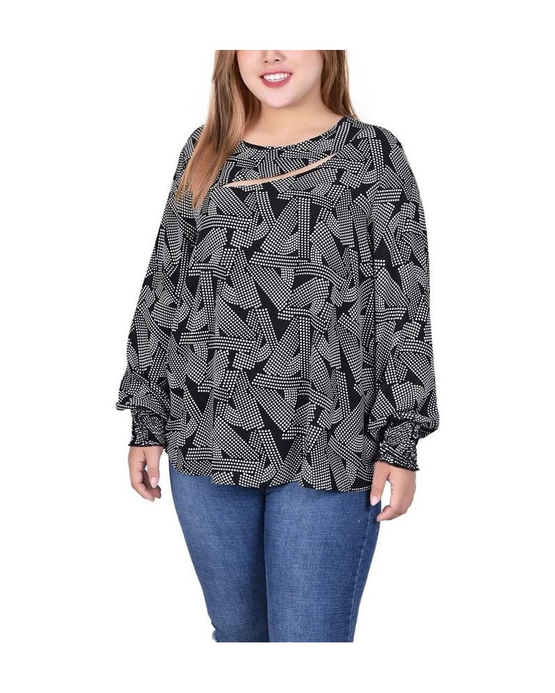 Plus Size Long Sleeve Cutout-Front Blouse Black/White Geo $13.72 Tops