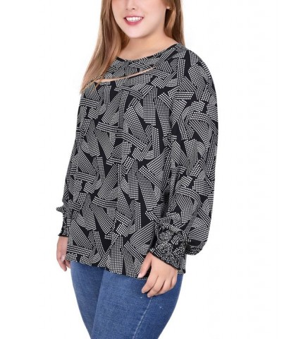 Plus Size Long Sleeve Cutout-Front Blouse Black/White Geo $13.72 Tops