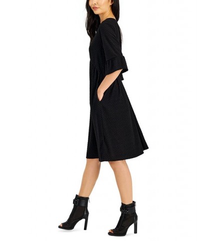 Petite Clip Dot Flared-Sleeve A-Line Dress Black $14.42 Dresses