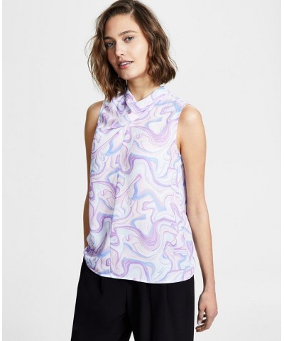 Women's Marble-Print Cowl Neck Sleeveless Blouse Pink Orchid Multi $18.72 Tops