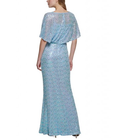 Women's Boat-Neck Blouson Sequin Gown Blue $86.18 Dresses