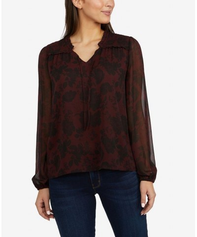 Women's Blouson Sleeve Blouse with Smocking Purple $51.48 Tops