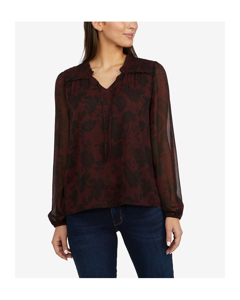 Women's Blouson Sleeve Blouse with Smocking Purple $51.48 Tops