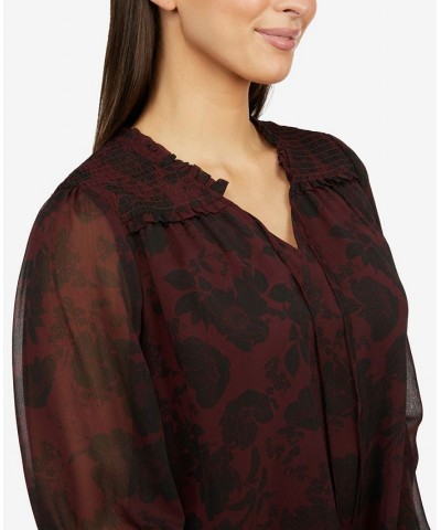 Women's Blouson Sleeve Blouse with Smocking Purple $51.48 Tops