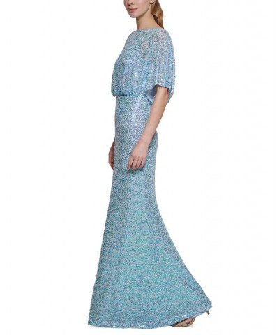 Women's Boat-Neck Blouson Sequin Gown Blue $86.18 Dresses