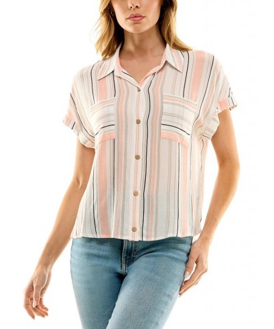 Juniors' Striped Button-Front Short-Sleeve Camp Shirt Pat B $26.46 Tops
