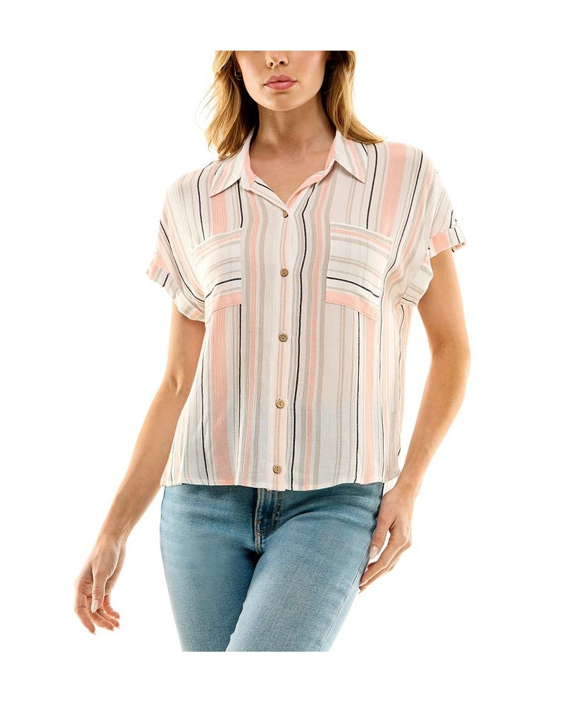 Juniors' Striped Button-Front Short-Sleeve Camp Shirt Pat B $26.46 Tops