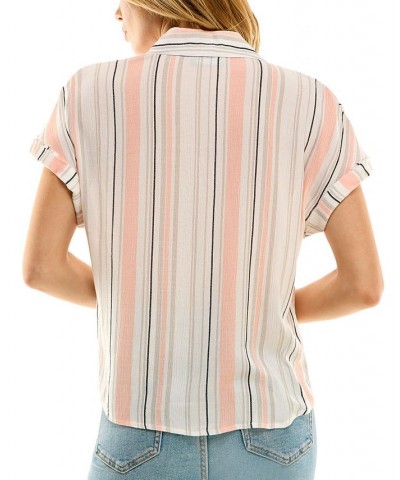 Juniors' Striped Button-Front Short-Sleeve Camp Shirt Pat B $26.46 Tops