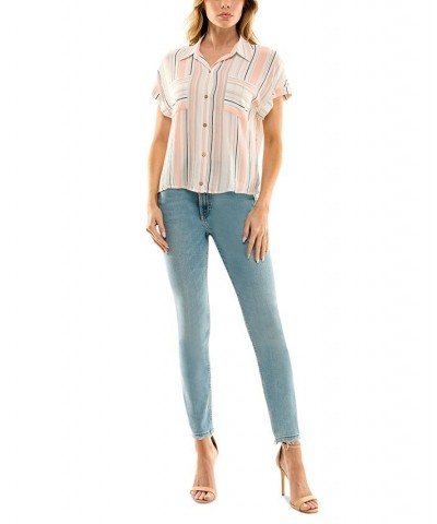 Juniors' Striped Button-Front Short-Sleeve Camp Shirt Pat B $26.46 Tops