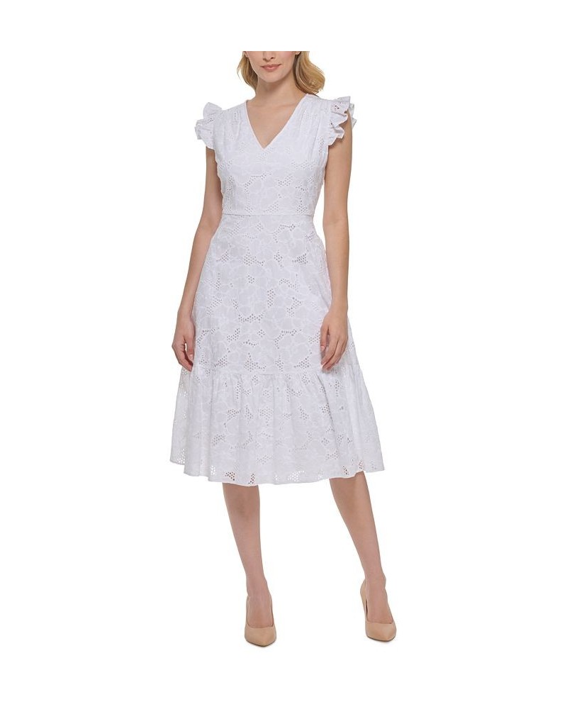 Women's Cotton Eyelet A-Line Dress White $72.24 Dresses