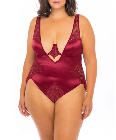 Plus Size High Apex Lingerie Teddy with Deep Plunging Neckline and Lace Inserts Rhubarb $26.91 Lingerie