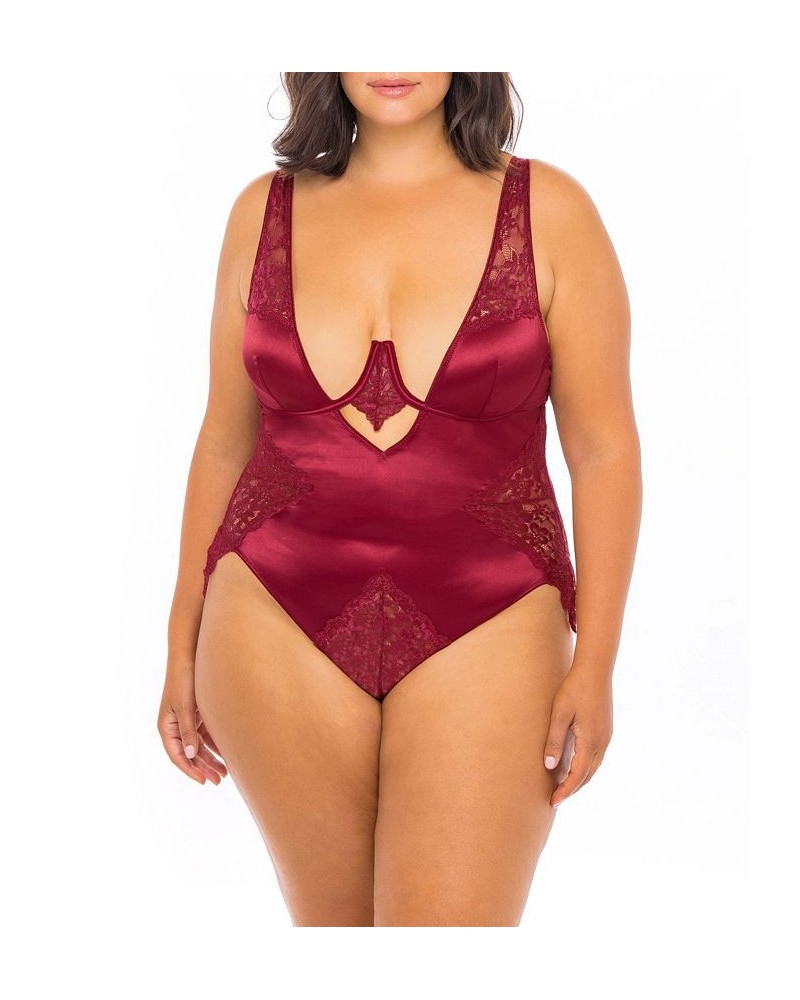 Plus Size High Apex Lingerie Teddy with Deep Plunging Neckline and Lace Inserts Rhubarb $26.91 Lingerie