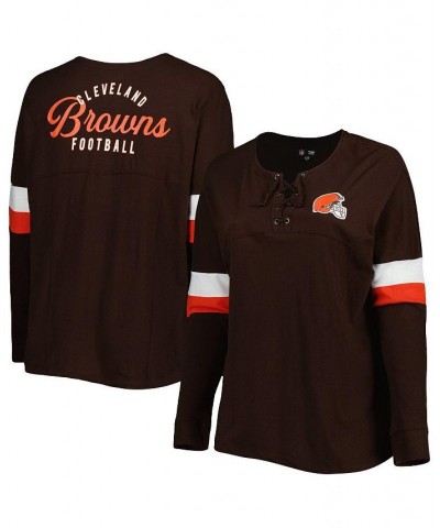 Women's Brown Cleveland Browns Plus Size Athletic Varsity Lace-Up V-Neck Long Sleeve T-shirt Brown $33.05 Tops