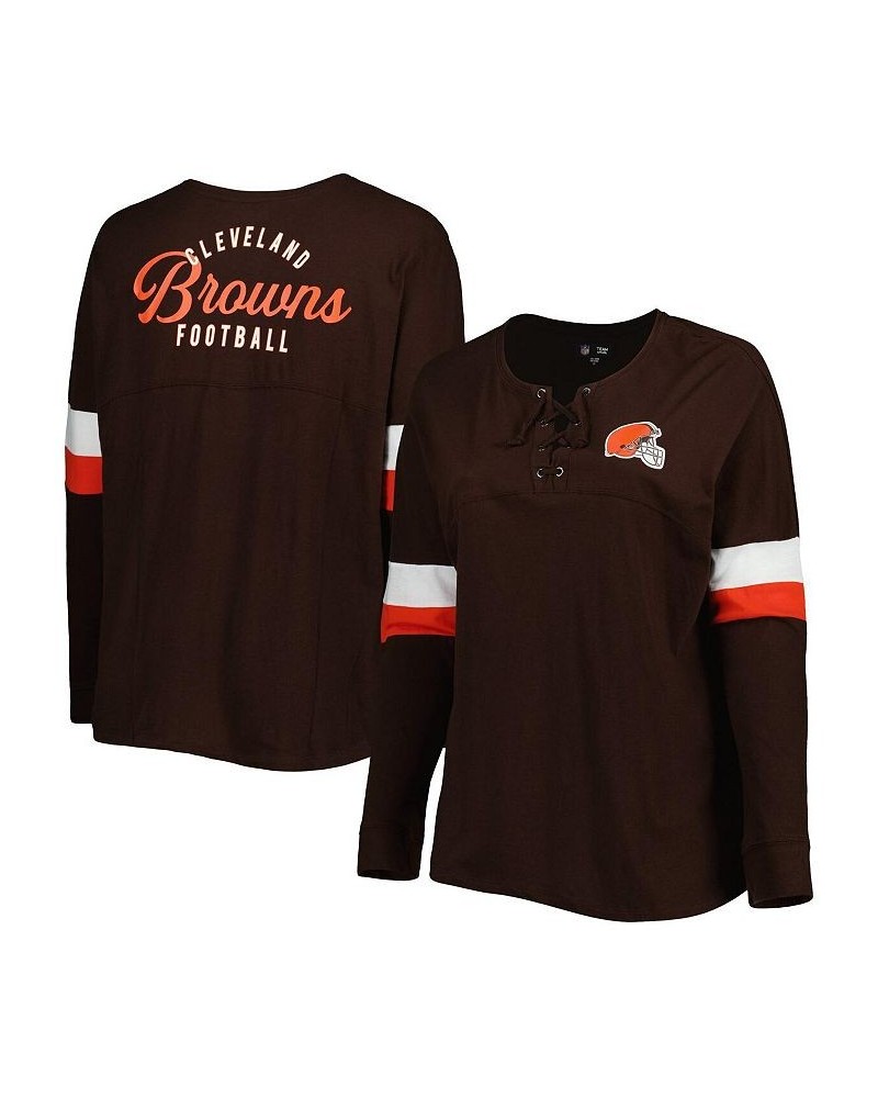 Women's Brown Cleveland Browns Plus Size Athletic Varsity Lace-Up V-Neck Long Sleeve T-shirt Brown $33.05 Tops