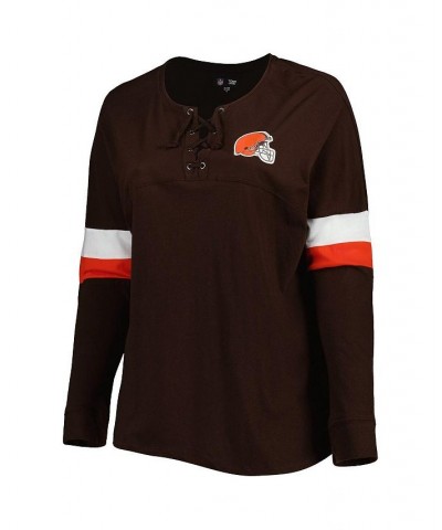 Women's Brown Cleveland Browns Plus Size Athletic Varsity Lace-Up V-Neck Long Sleeve T-shirt Brown $33.05 Tops