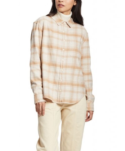 Women's Cotton Boyfriend Flannel Shirt Tan/Beige $34.40 Tops