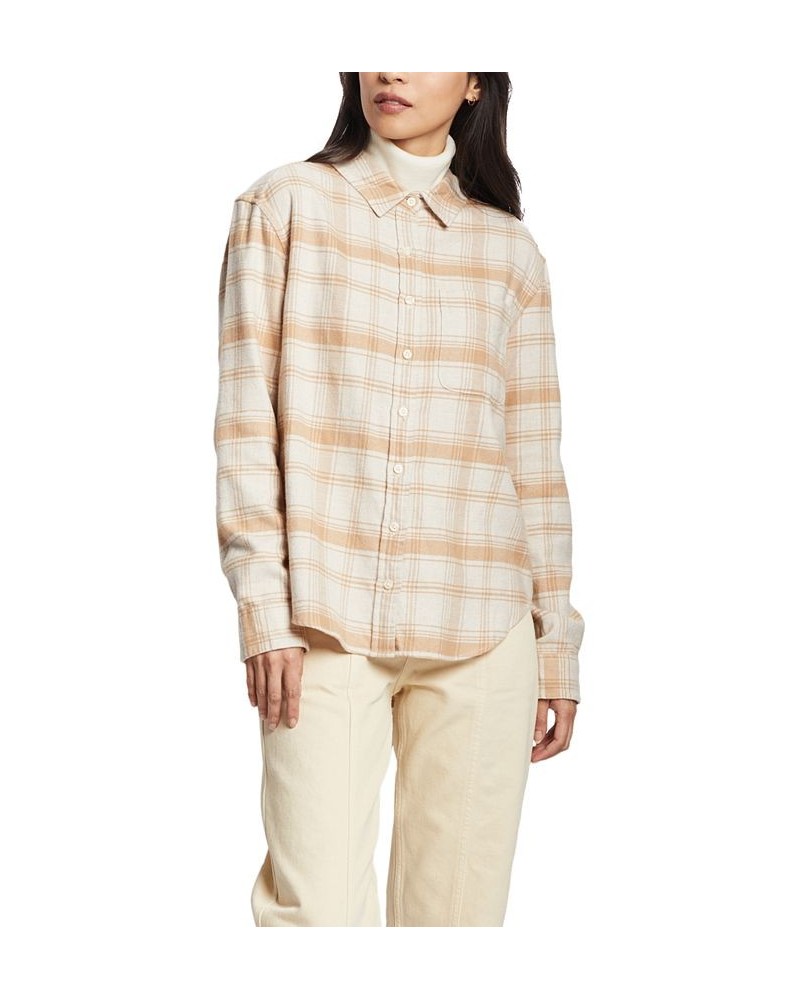 Women's Cotton Boyfriend Flannel Shirt Tan/Beige $34.40 Tops