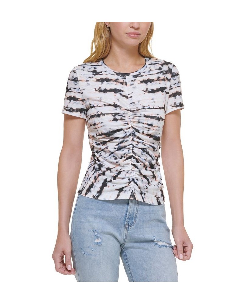 Women's Tie-Dye Ruched Crewneck T-Shirt White Multi $20.43 Tops