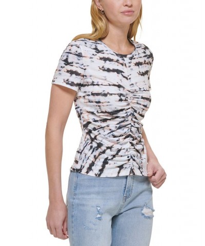 Women's Tie-Dye Ruched Crewneck T-Shirt White Multi $20.43 Tops