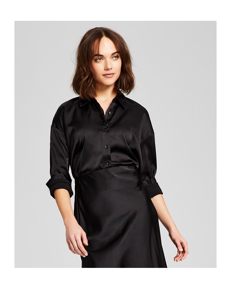 Women's Drop-Shoulder Button Down Satin Blouse Black $19.71 Tops