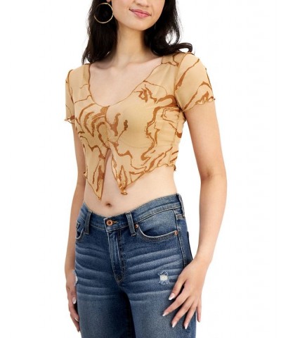 Juniors' Printed Mesh Notch-Front Cropped Top Navy Brown $7.86 Tops