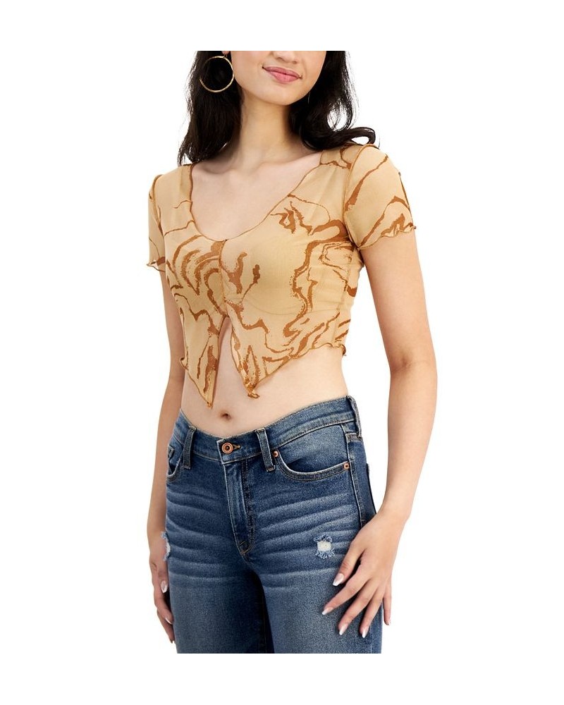 Juniors' Printed Mesh Notch-Front Cropped Top Navy Brown $7.86 Tops