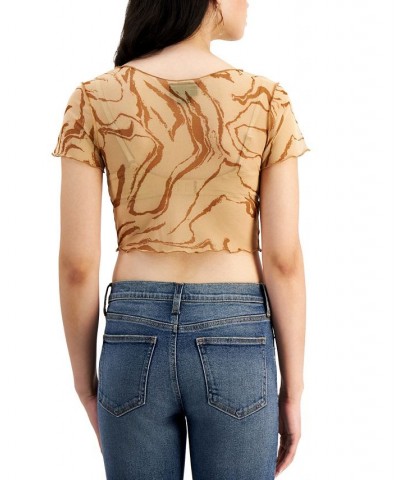 Juniors' Printed Mesh Notch-Front Cropped Top Navy Brown $7.86 Tops