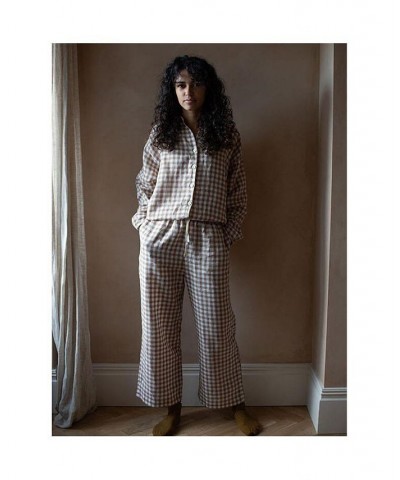 Women's Maternity Relaxed-Fit Linen Pajama Shirt Bronze Gingham $72.68 Tops